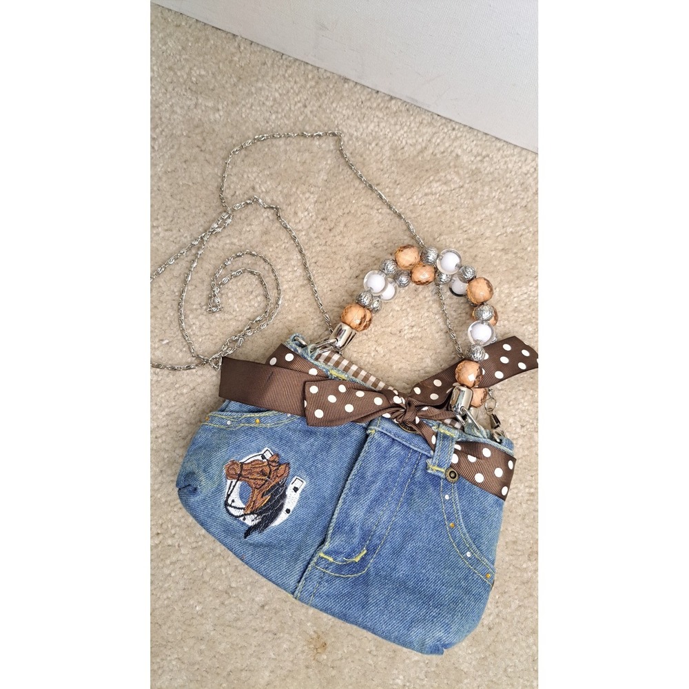 Y2K Denim Bootie Bag Boho Western Horse Purse Beaded Handle Jean Satchel Mini